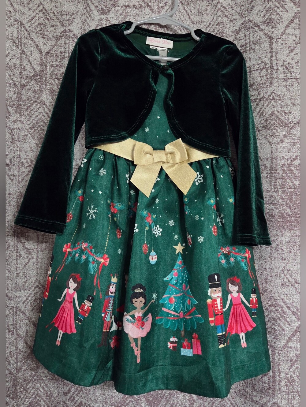 Bonnie Jean Green Velvet Holiday Nutcracker Print Dress with Gold Bow